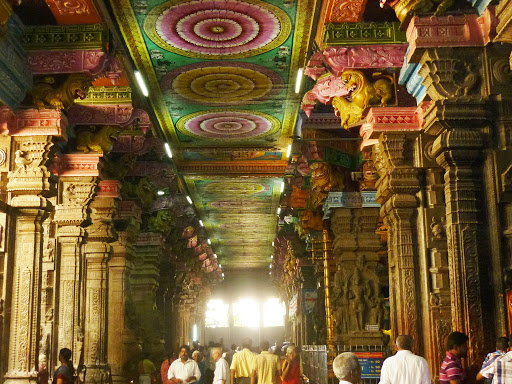 The finely decorated interiors of the Meenakshi Temple