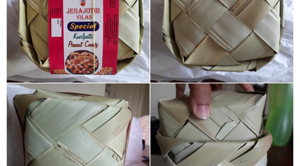 The palm leaf box containing the Kovilpatti chikki